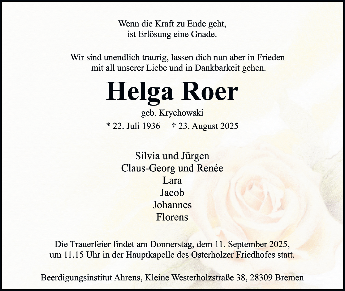 Traueranzeige von Helga Roer von WESER-KURIER