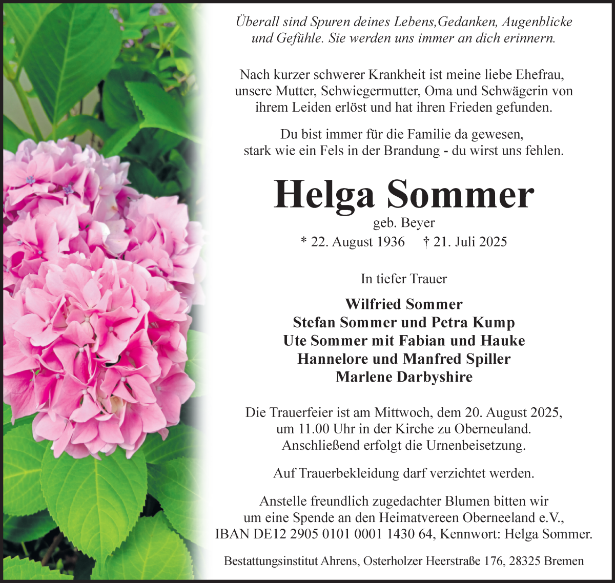 Traueranzeige von Helga Sommer von WESER-KURIER