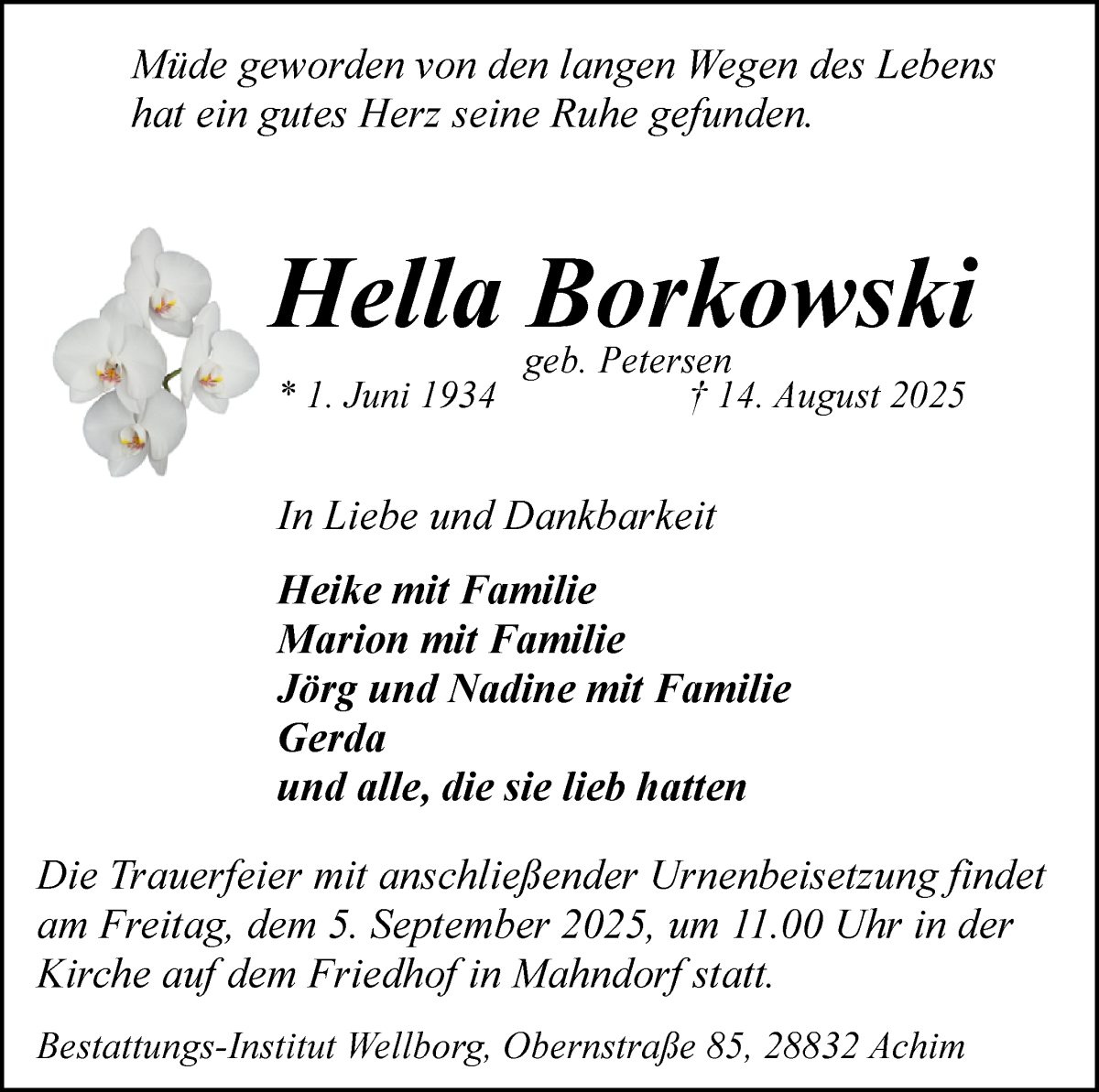 Traueranzeige von Hella Borkowski von WESER-KURIER