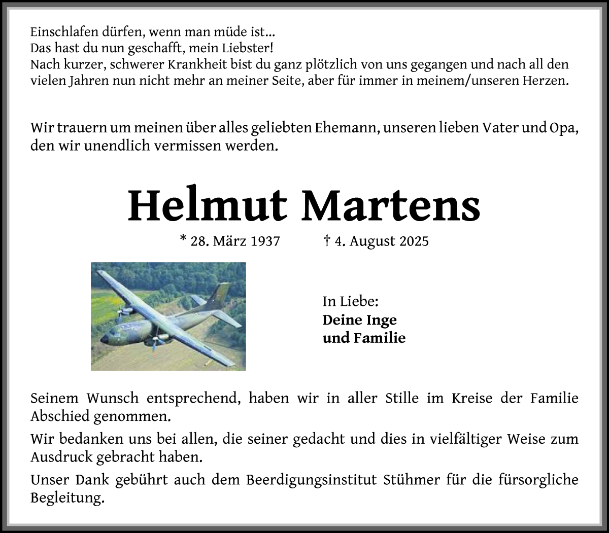 Traueranzeige von Helmut Martens von Die Norddeutsche