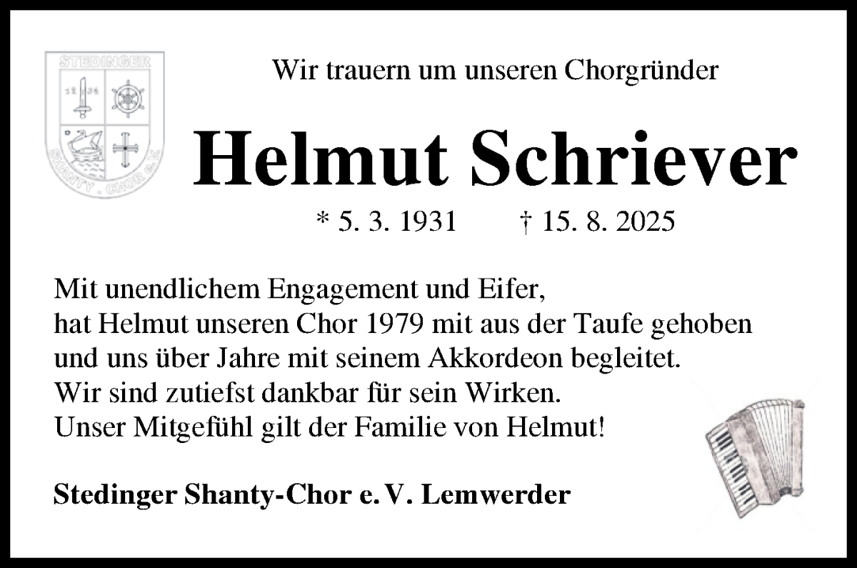 Traueranzeige von Helmut  Schriever von Die Norddeutsche