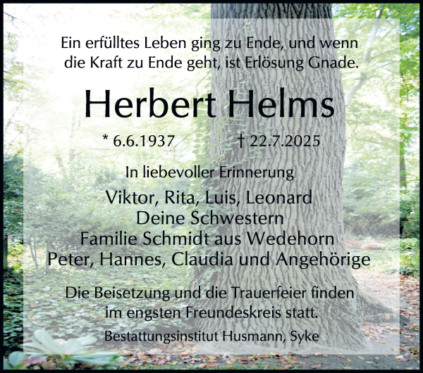 Traueranzeige von Herbert Helms von WESER-KURIER