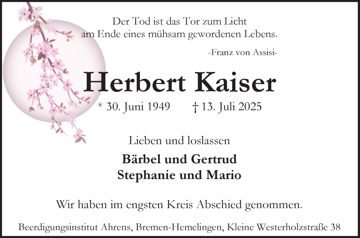 Traueranzeige von Herbert Kaiser von WESER-KURIER