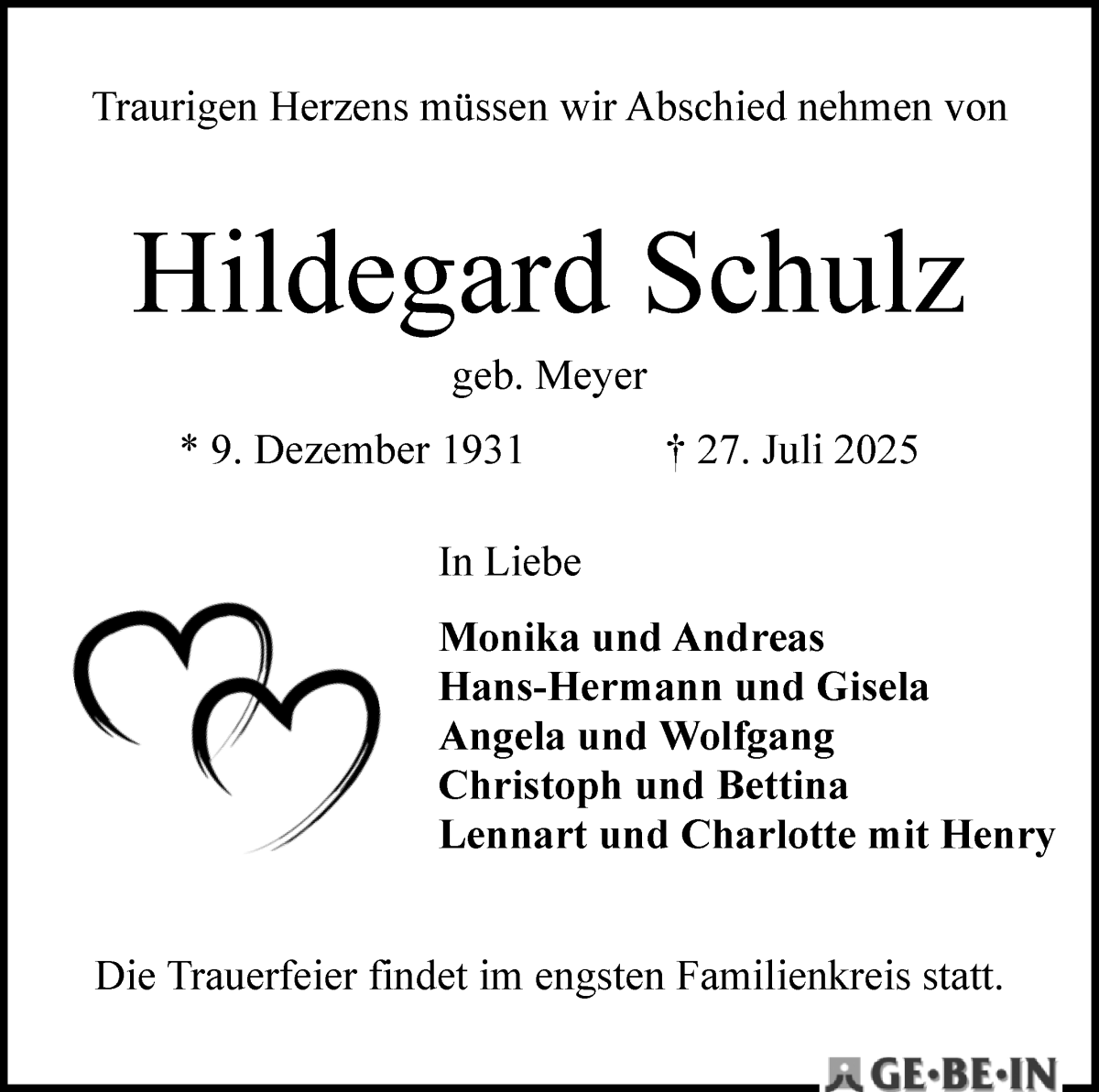 Traueranzeige von Hildegard Schulz von Die Norddeutsche