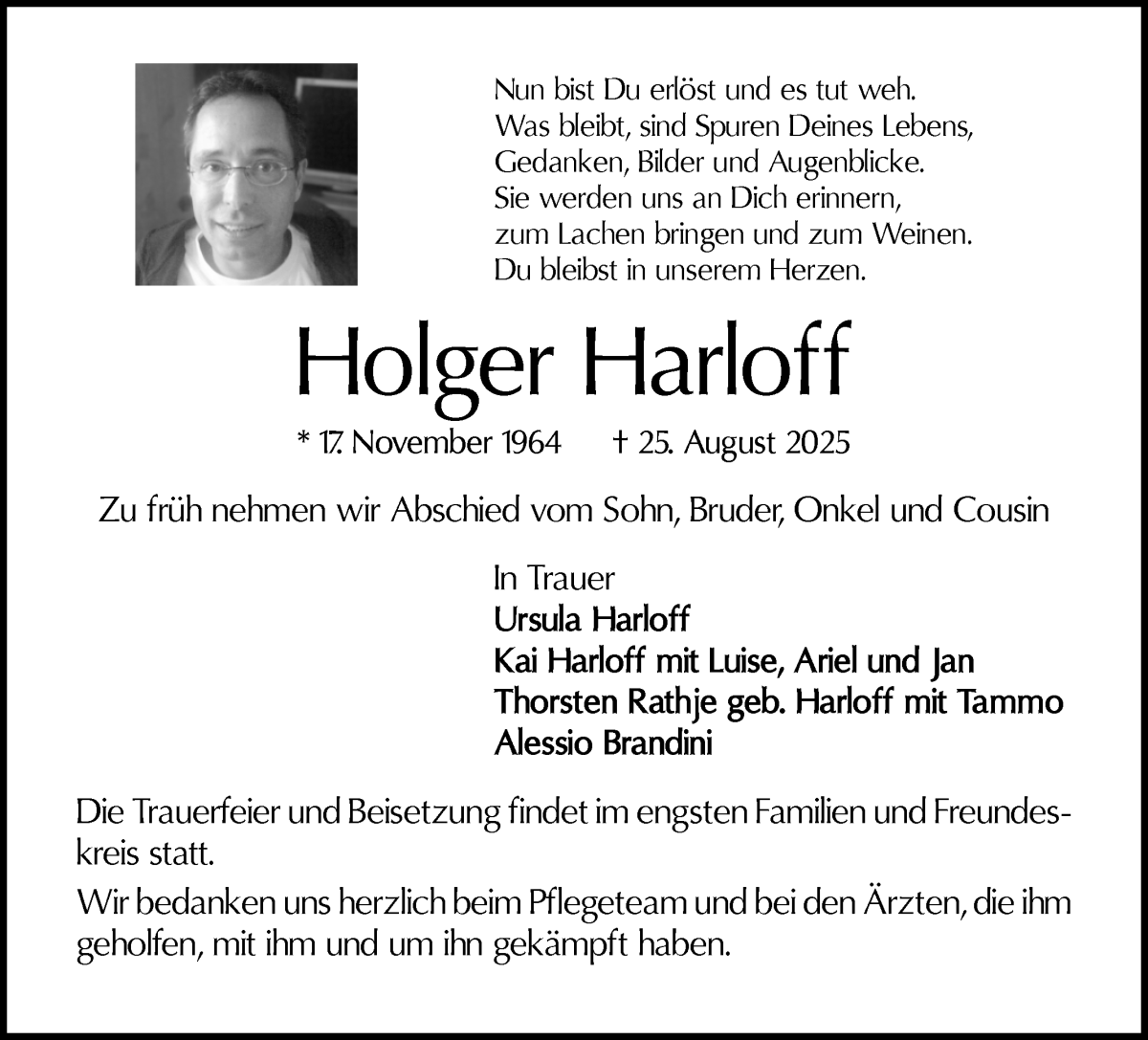 Traueranzeige von Holger Harloff von WESER-KURIER