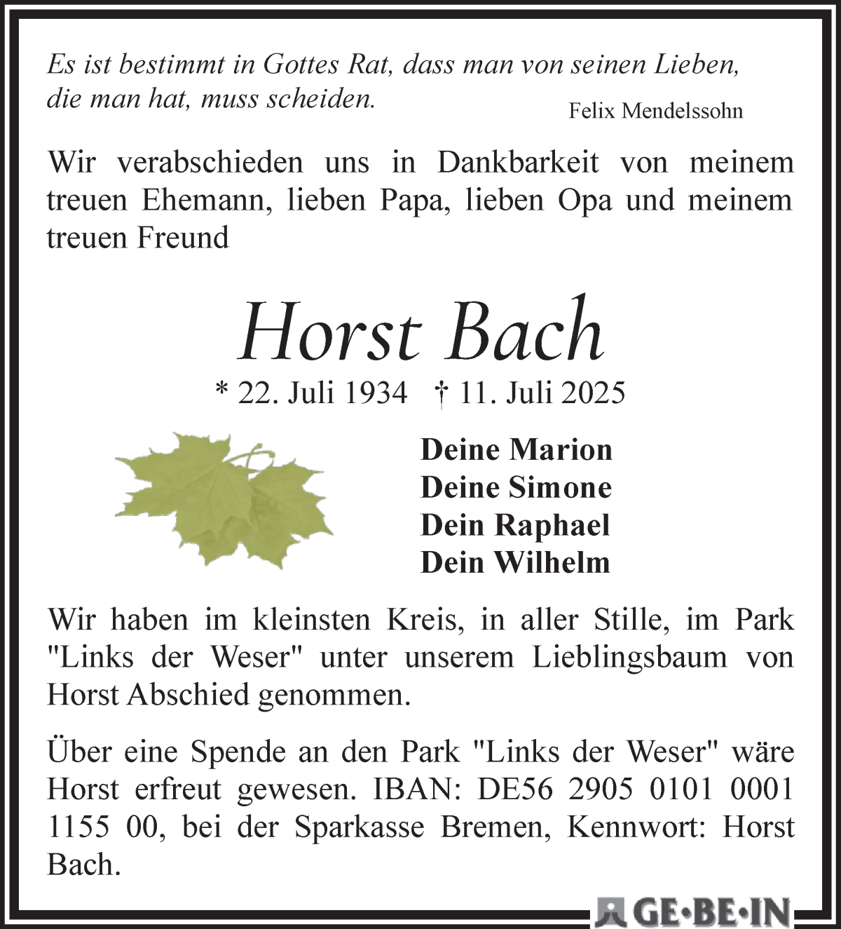 Traueranzeige von Horst Bach von WESER-KURIER