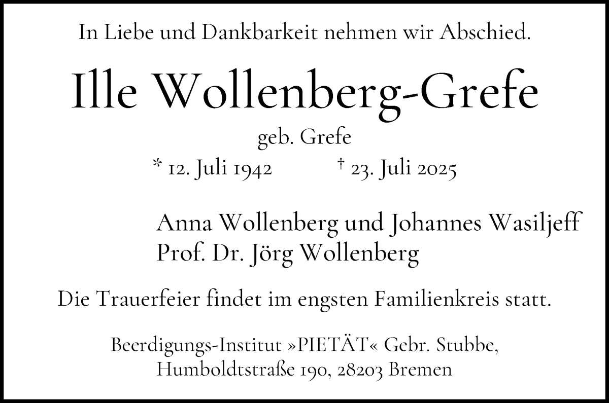 Traueranzeige von Ille Wollenberg-Grefe von WESER-KURIER