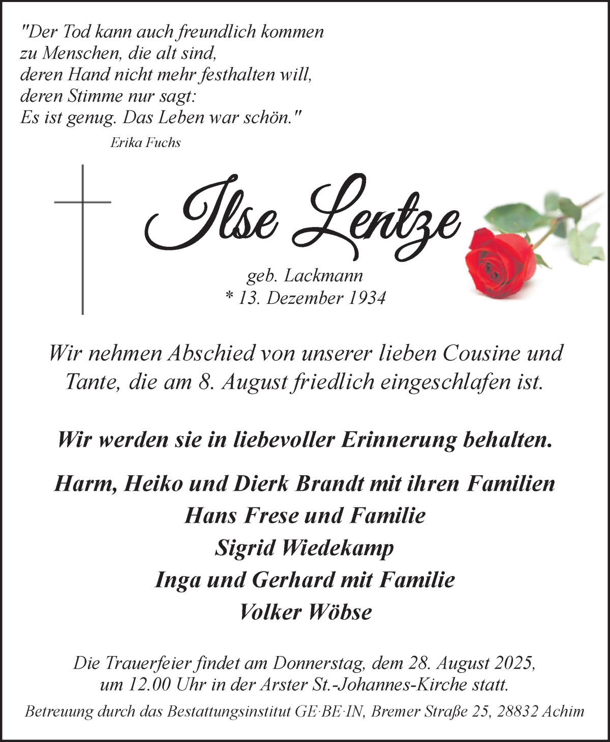 Traueranzeige von Ilse Lentze von WESER-KURIER