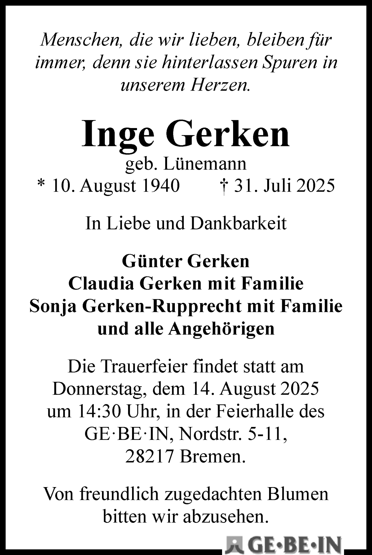 Traueranzeige von Inge Gerken von WESER-KURIER