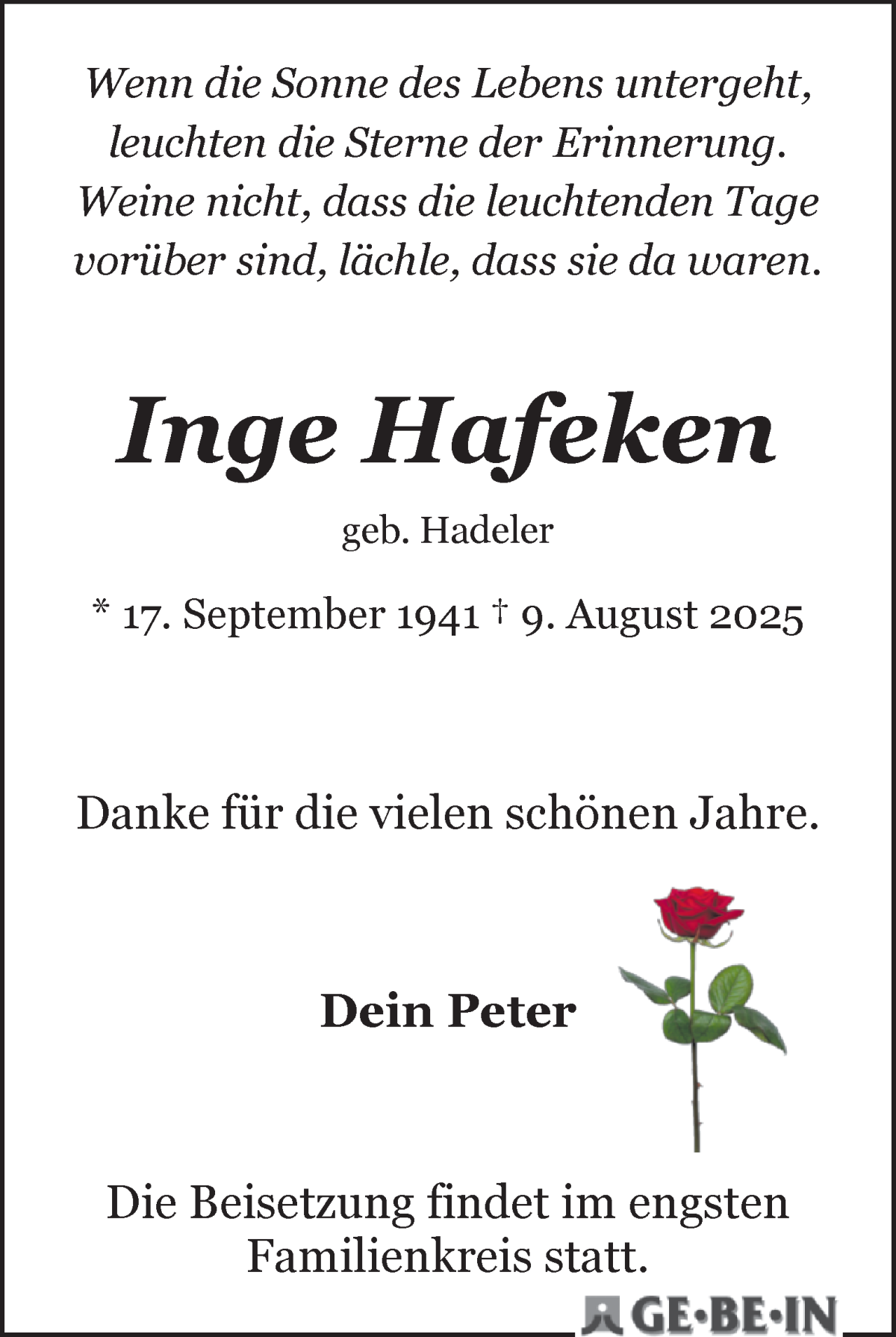 Traueranzeige von Inge Hafeken von WESER-KURIER