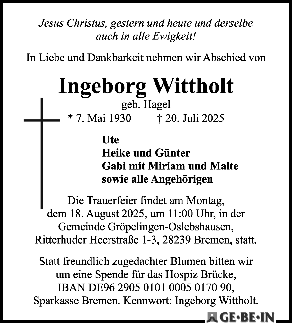 Traueranzeige von Ingeborg Wittholt von WESER-KURIER