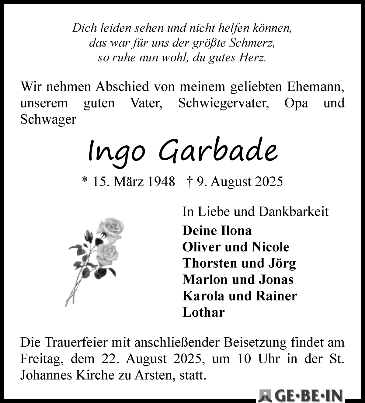 Traueranzeige von Ingo Garbade von WESER-KURIER