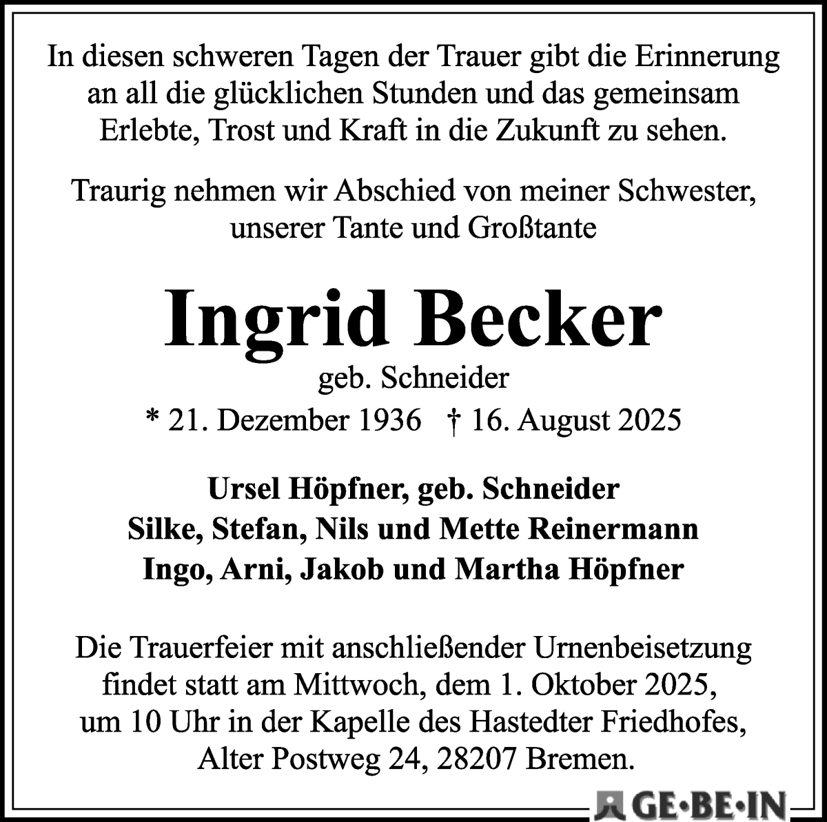 Traueranzeige von Ingrid Becker von WESER-KURIER