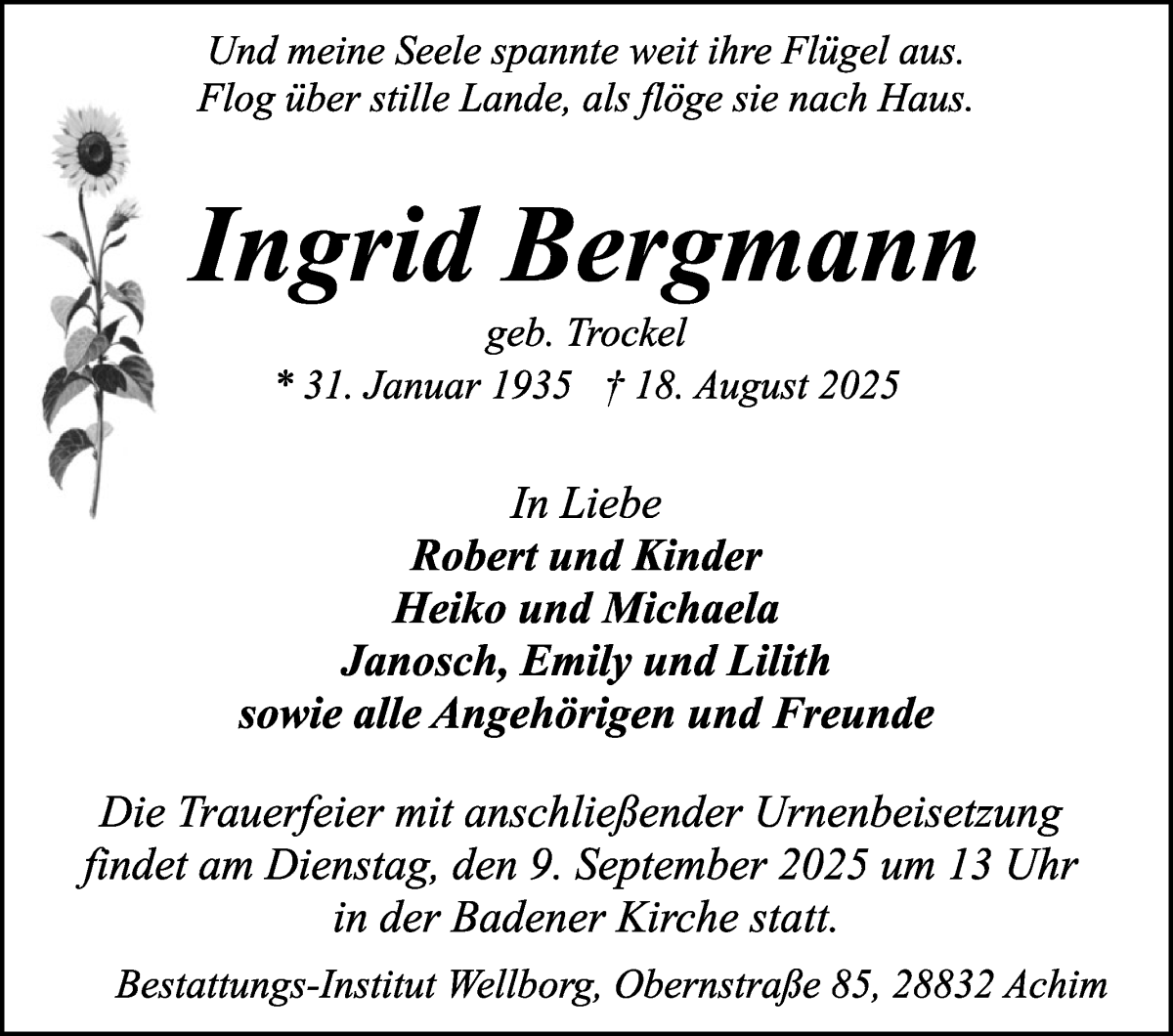 Traueranzeige von Ingrid Bergmann von Achimer Kurier/Verdener Nachrichten