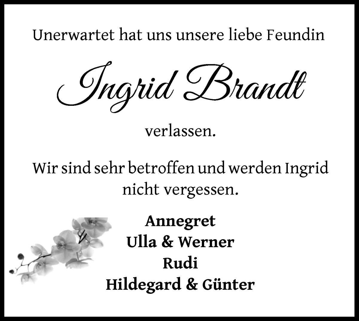  Traueranzeige für Ingrid Brandt vom 16.08.2025 aus WESER-KURIER