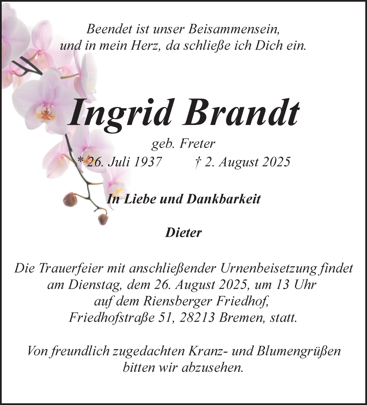  Traueranzeige für Ingrid Brandt vom 16.08.2025 aus WESER-KURIER