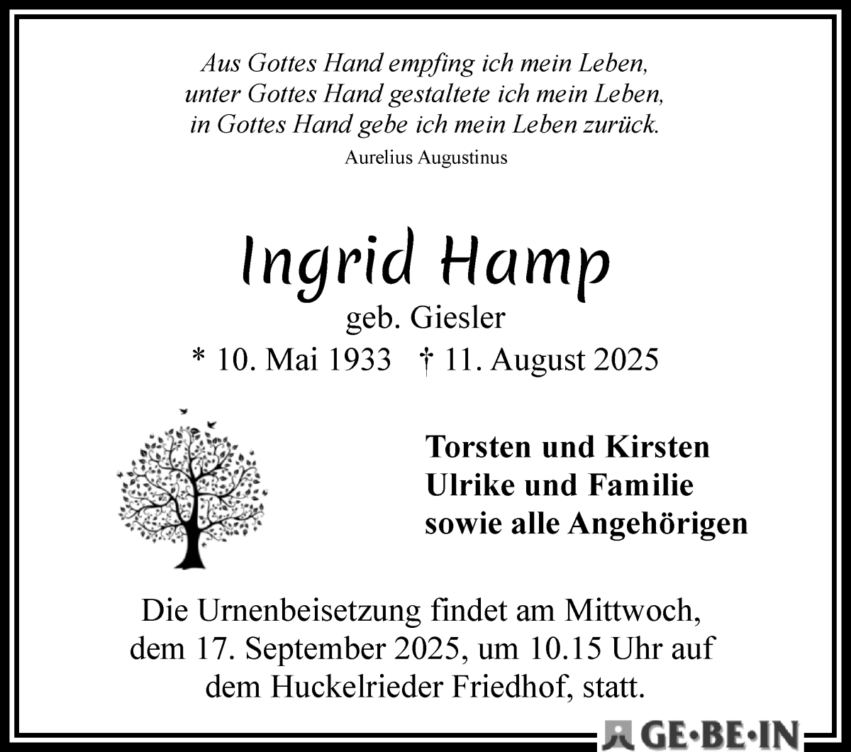 Traueranzeige von Ingrid Hamp von WESER-KURIER
