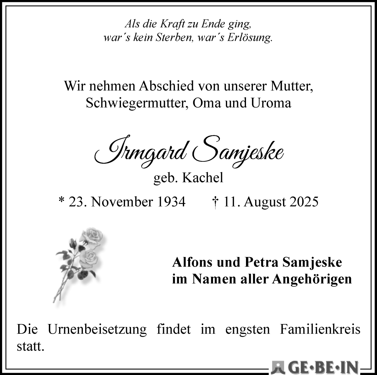 Traueranzeige von Irmgard Samjeske von WESER-KURIER