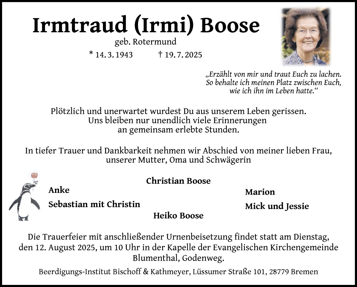  Traueranzeige für Irmtraud Boose vom 09.08.2025 aus Wuemme Zeitung