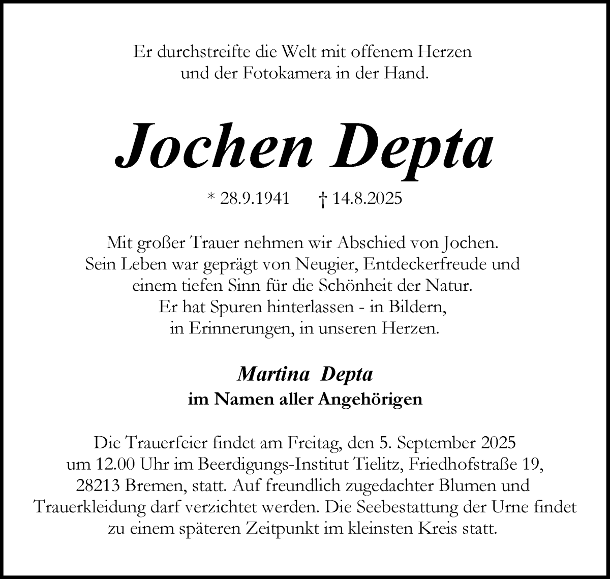 Traueranzeige von Jochen Depta von WESER-KURIER