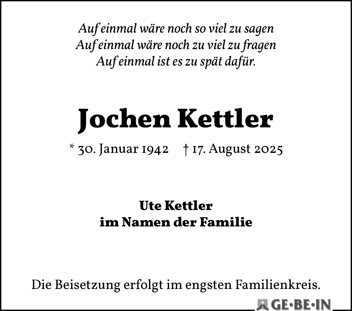 Traueranzeige von Jochen Kettler von Die Norddeutsche