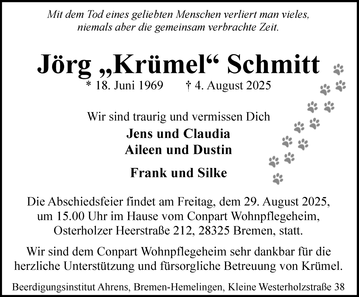 Traueranzeige von Jörg Schmitt von WESER-KURIER