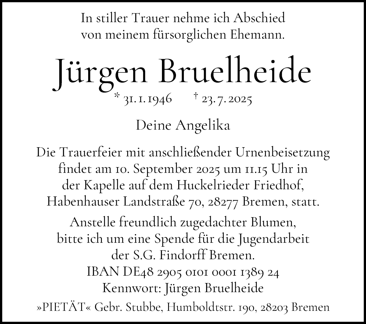 Traueranzeige von Jürgen Bruelheide von WESER-KURIER