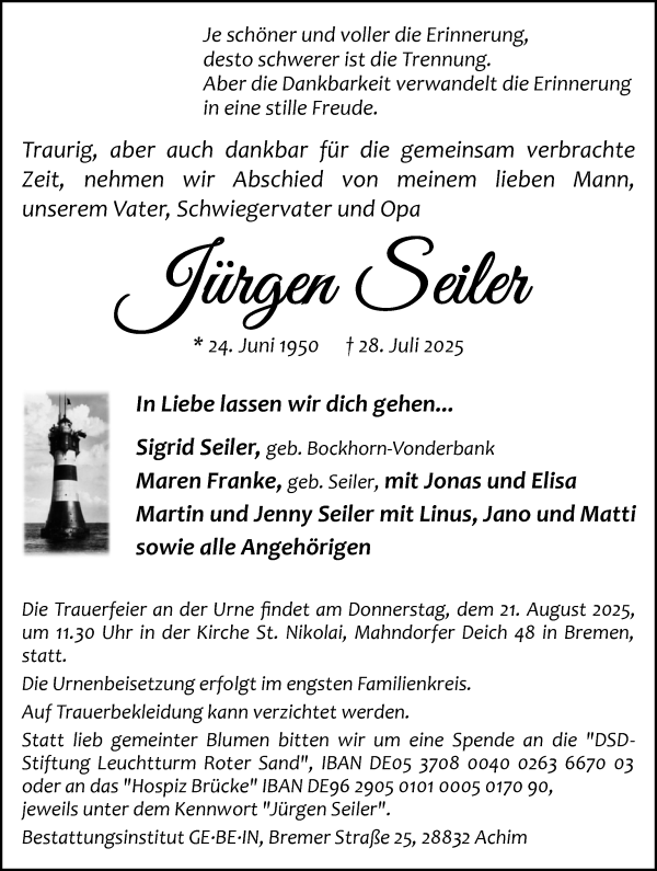 Traueranzeige von Jürgen Seiler von WESER-KURIER