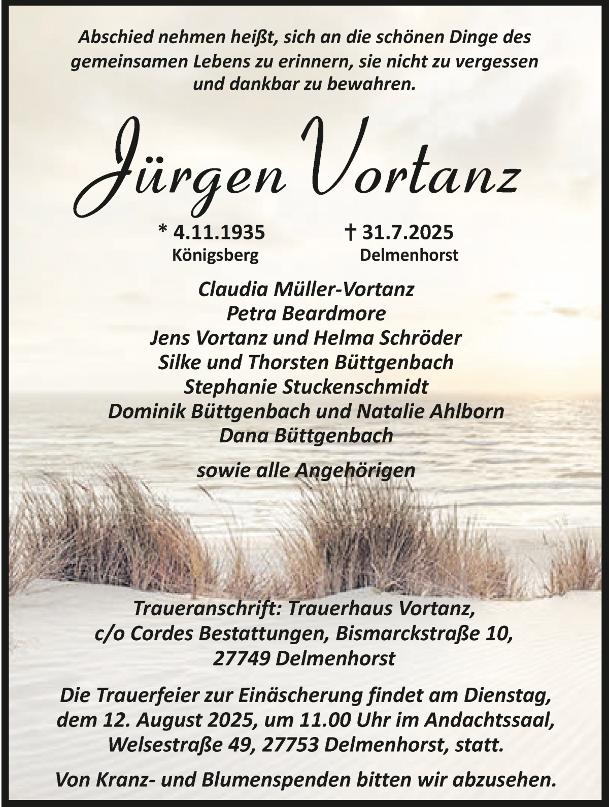  Traueranzeige für Jürgen Vortanz vom 09.08.2025 aus WESER-KURIER