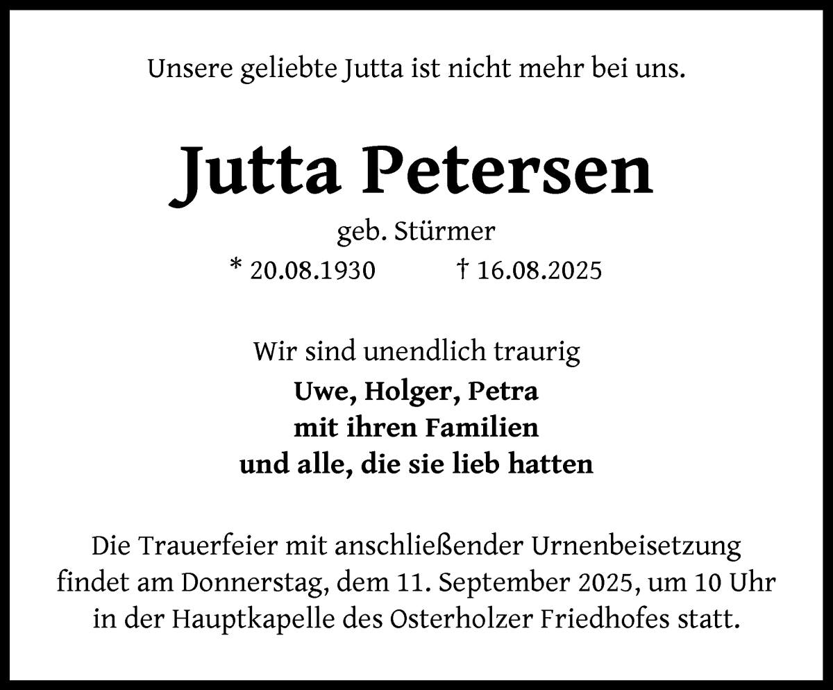 Traueranzeige von Jutta Petersen von WESER-KURIER