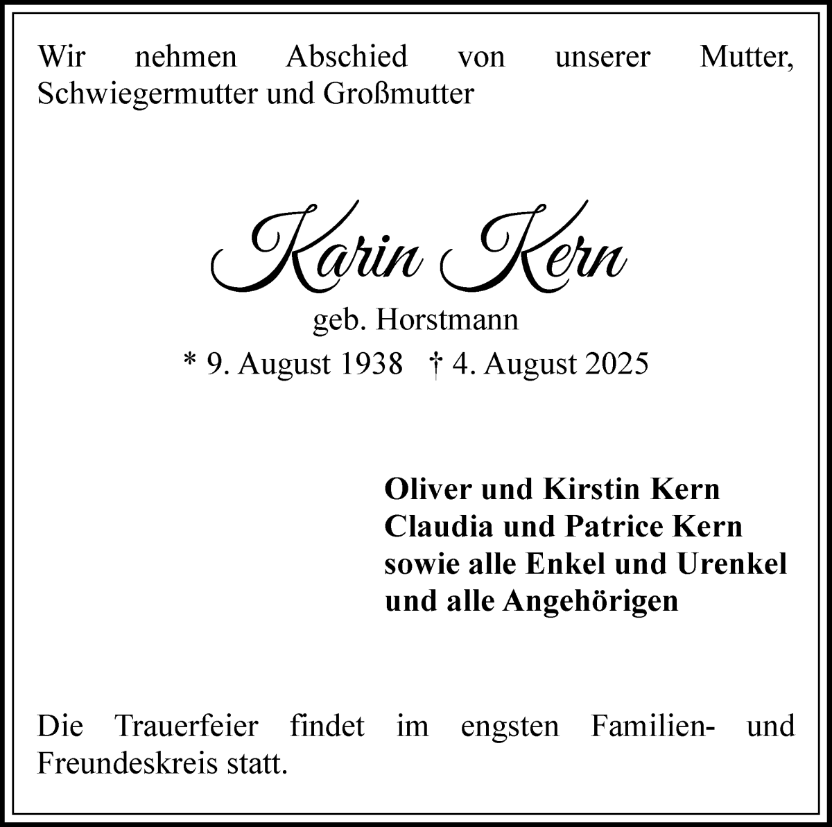 Traueranzeige von Karin Kern von WESER-KURIER