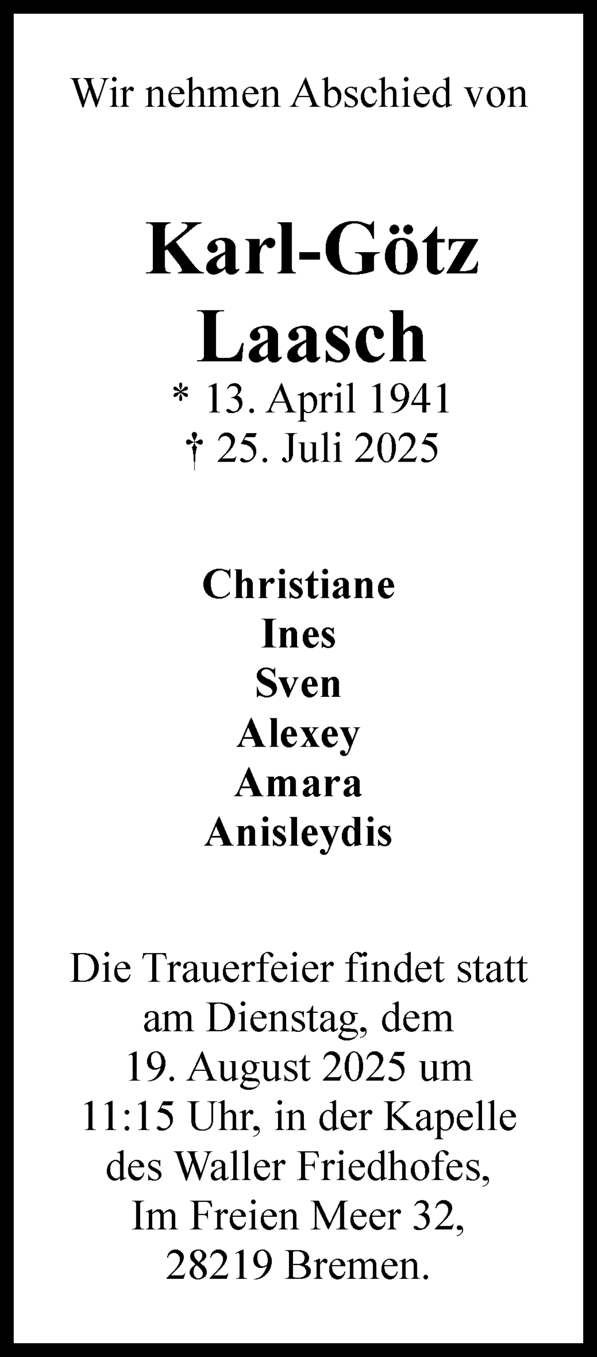 Traueranzeige von Karl-Götz Laasch von WESER-KURIER