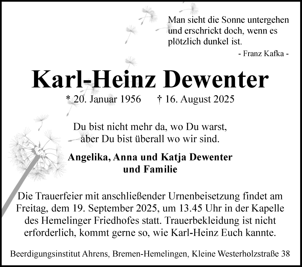 Traueranzeige von Karl-Heinz Dewenter von WESER-KURIER