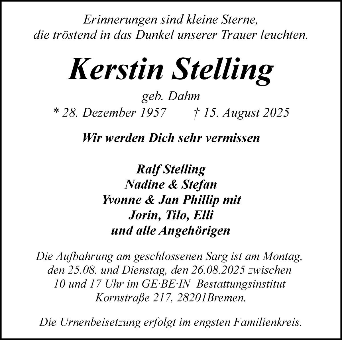 Traueranzeige von Kerstin Stelling von WESER-KURIER