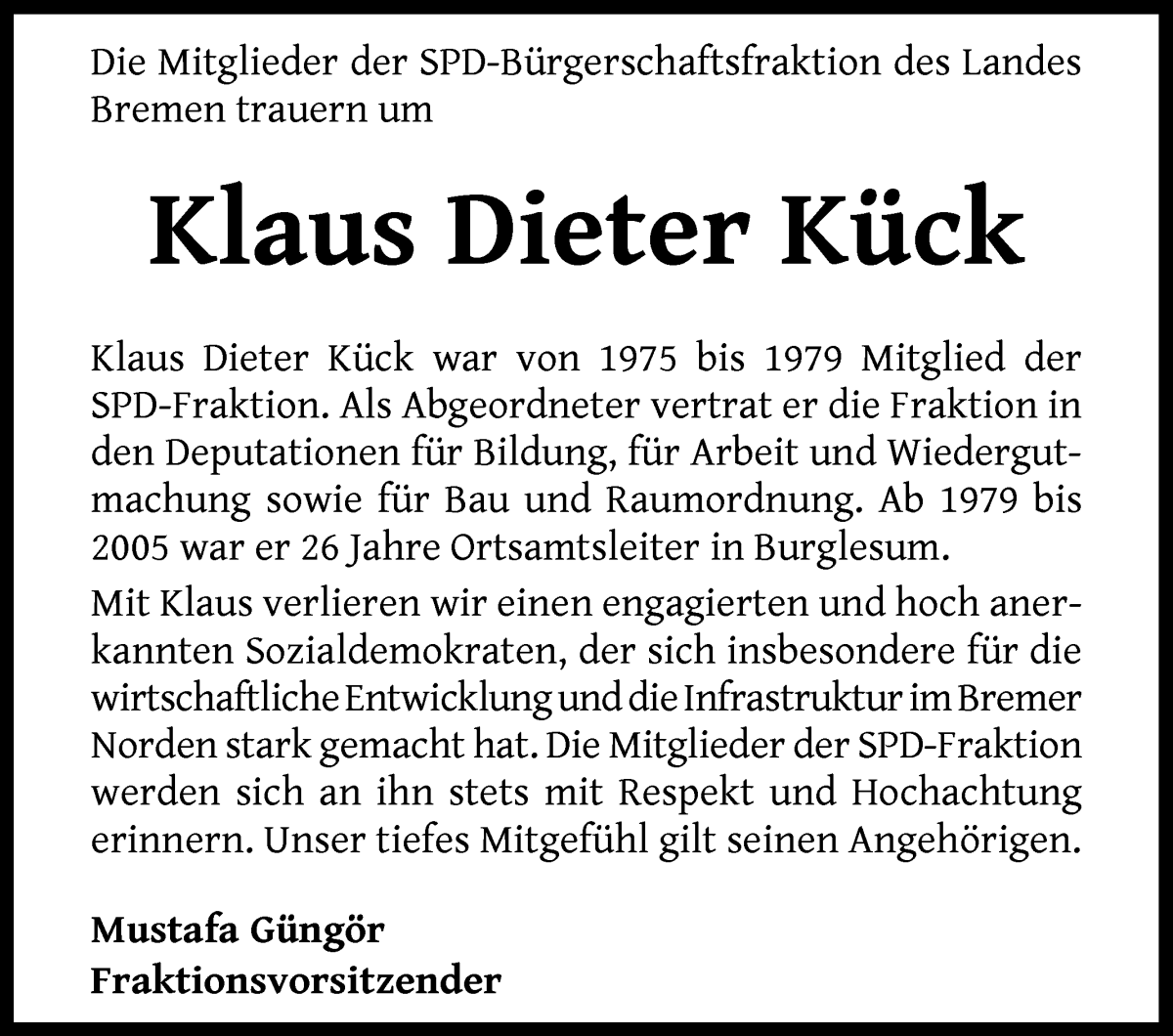 Traueranzeige von Klaus Dieter Kück von WESER-KURIER