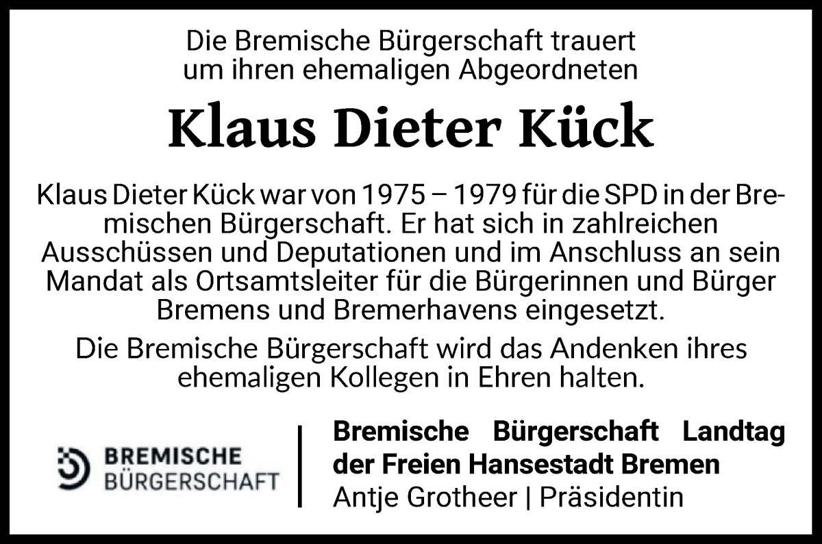Traueranzeige von Klaus Dieter Kück von WESER-KURIER