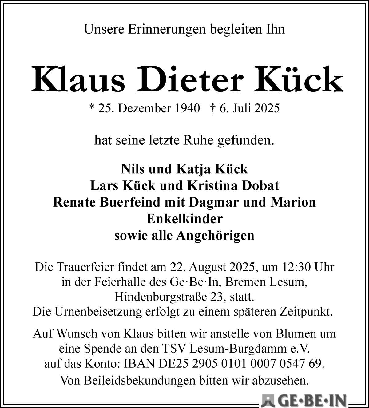 Traueranzeige von Klaus Dieter Kück von WESER-KURIER