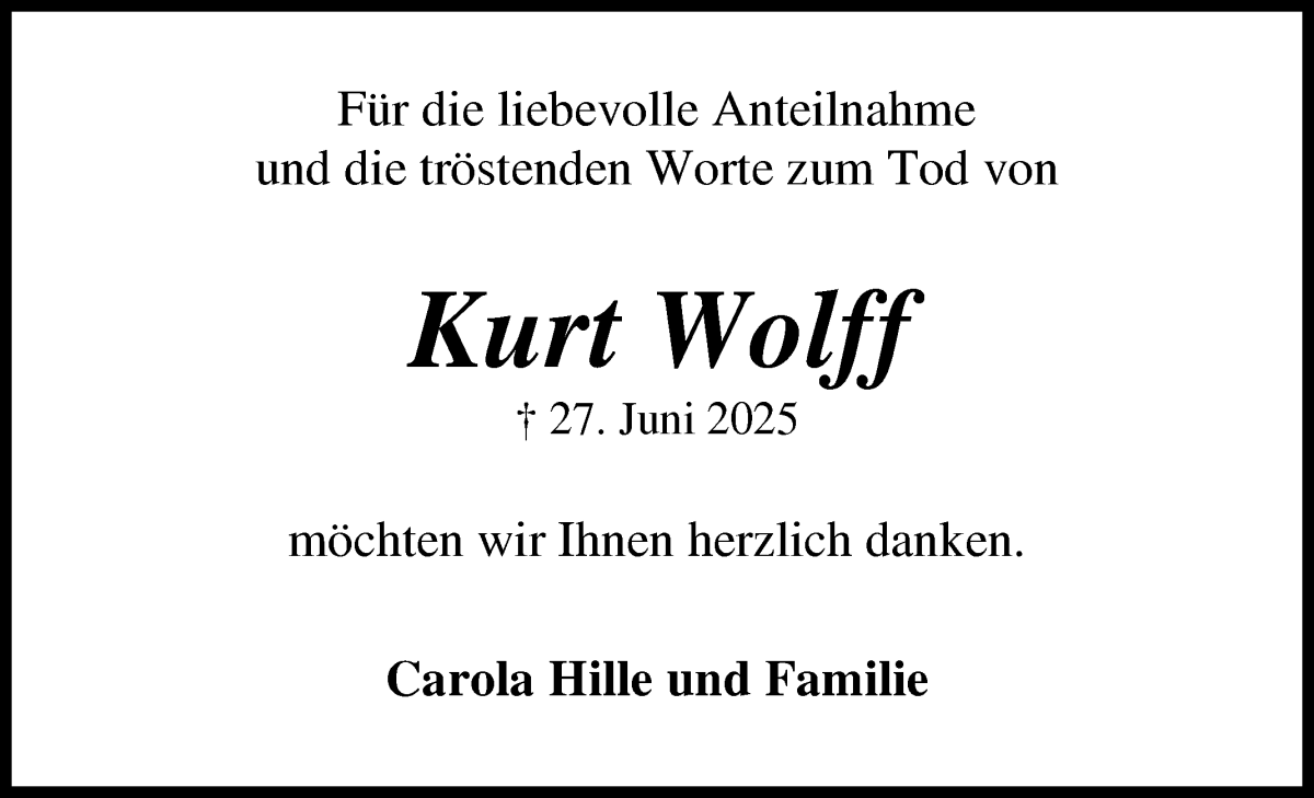 Traueranzeige von Kurt Wolff von Osterholzer Kreisblatt