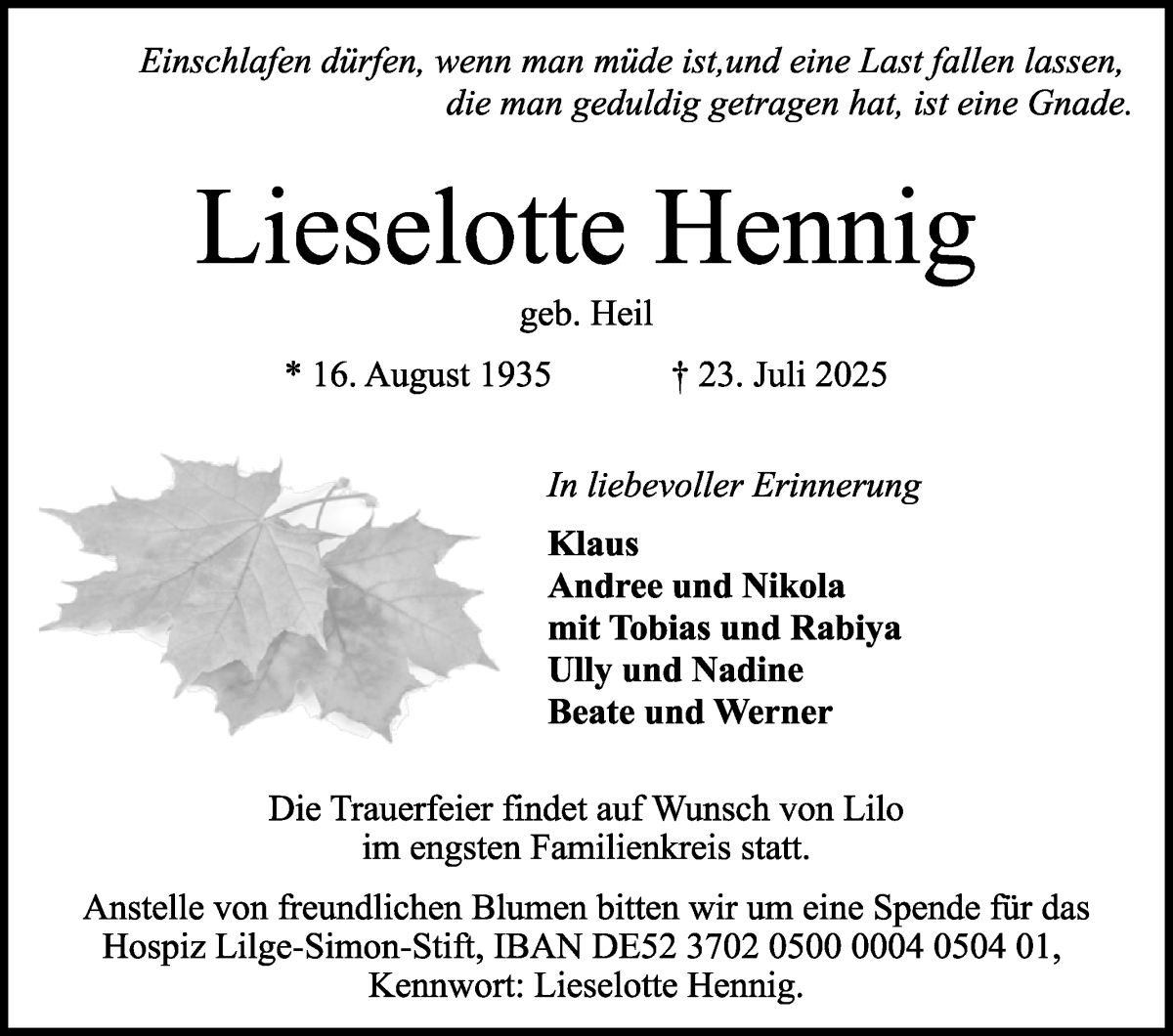 Traueranzeige von Lieselotte Hennig von Die Norddeutsche