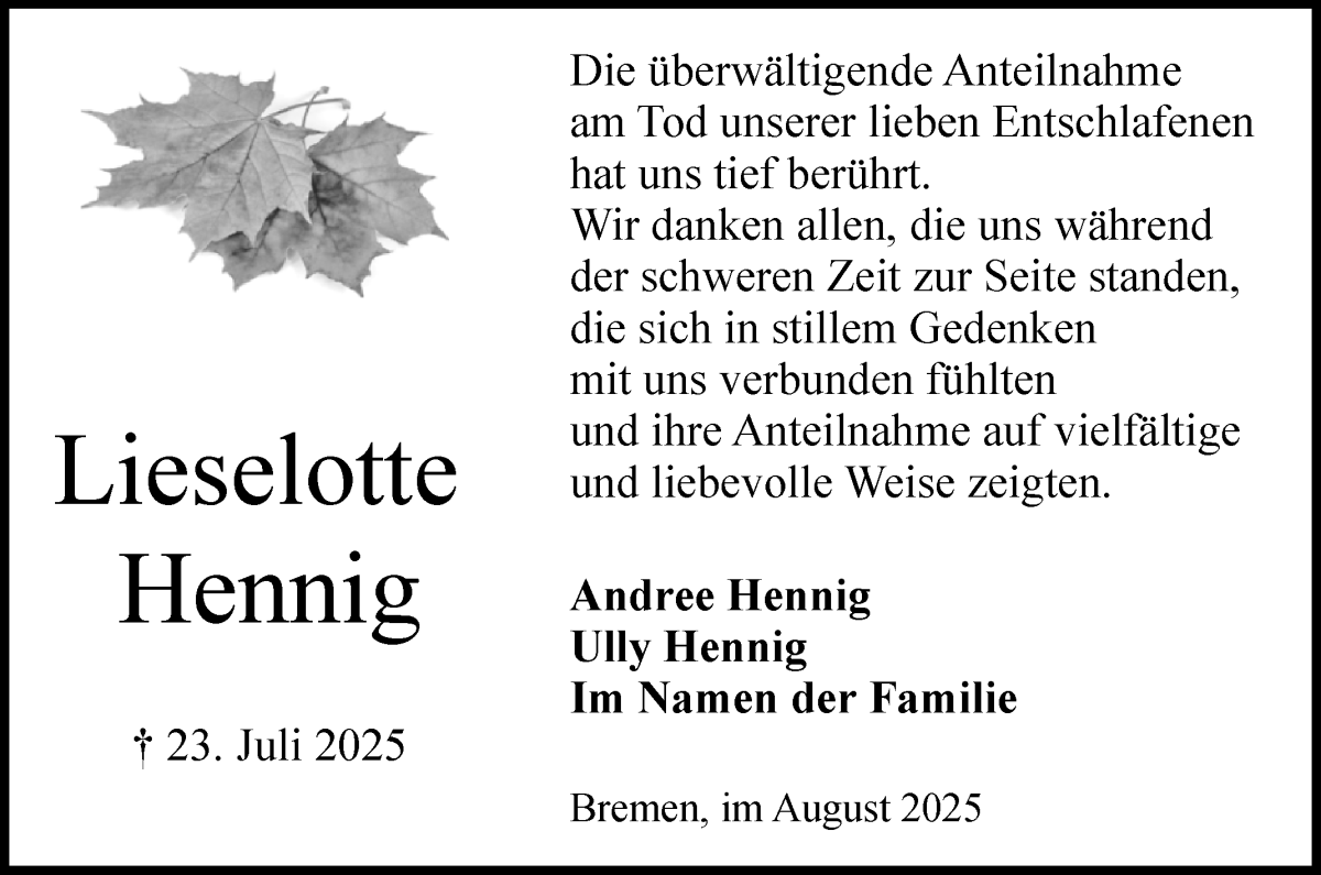 Traueranzeige von Lieselotte Hennig von Die Norddeutsche