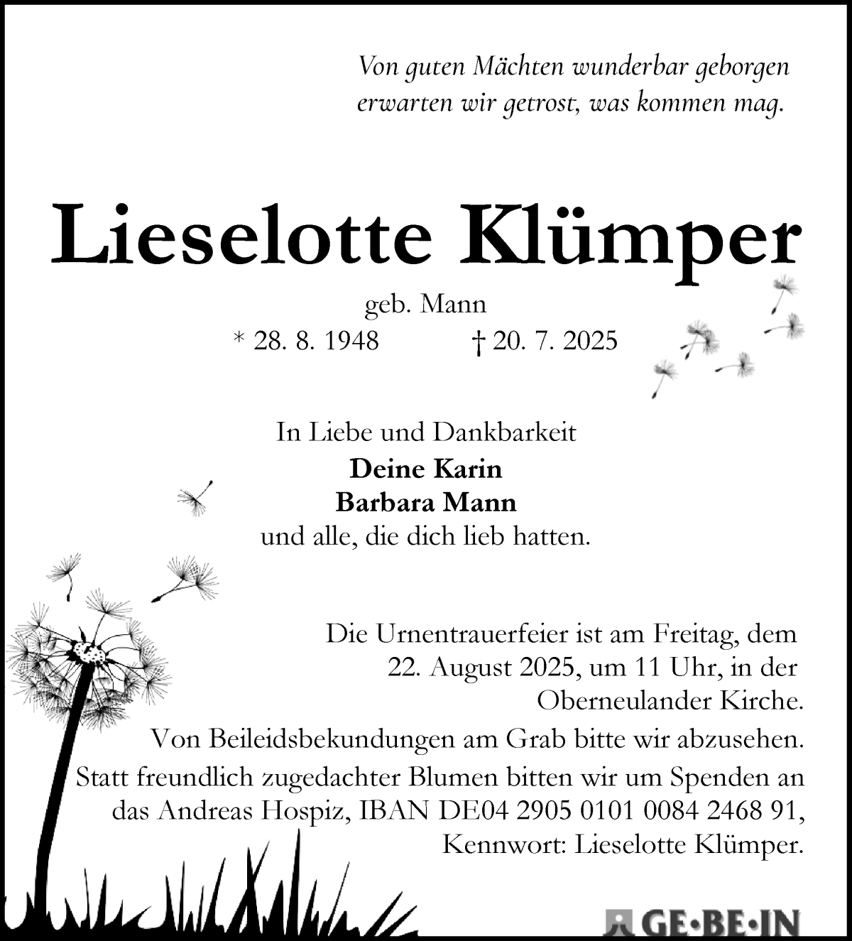 Traueranzeige von Lieselotte Klümper von WESER-KURIER