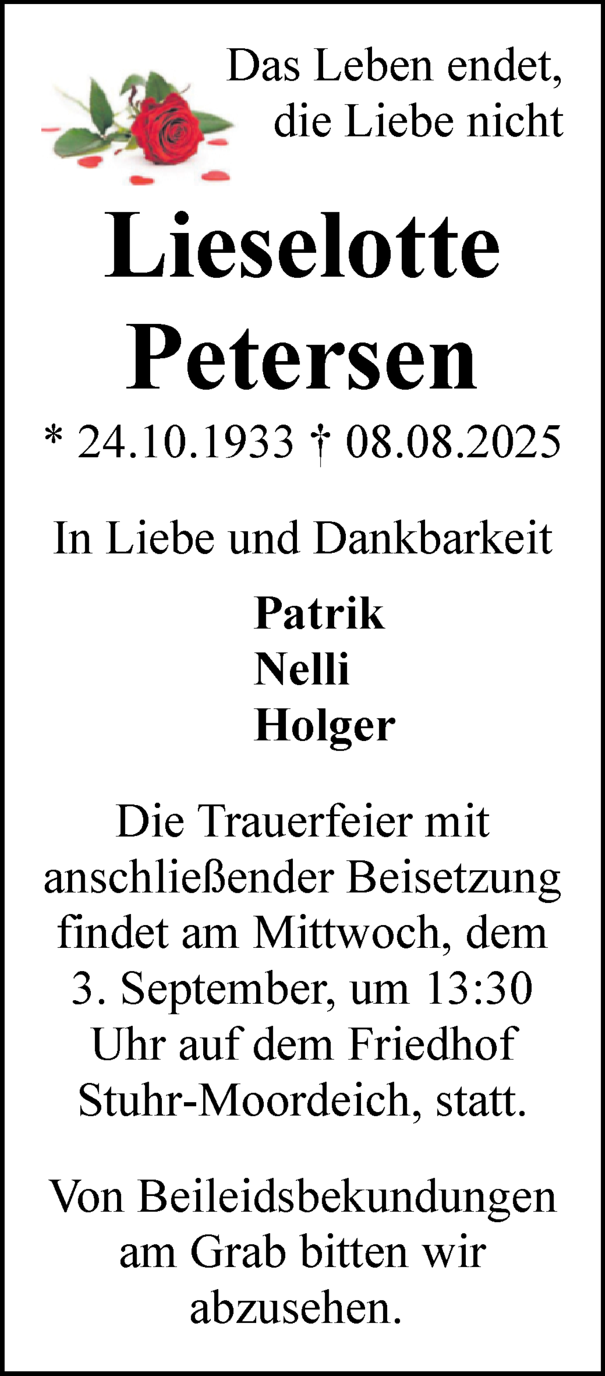 Traueranzeige von Lieselotte Petersen von WESER-KURIER