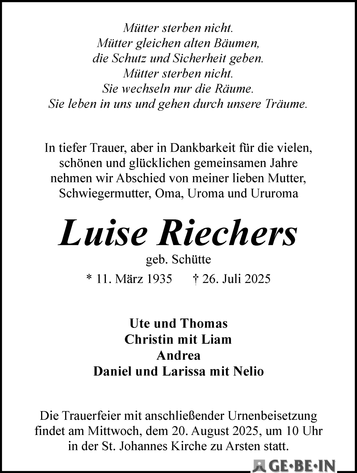 Traueranzeige von Luise Riechers von WESER-KURIER