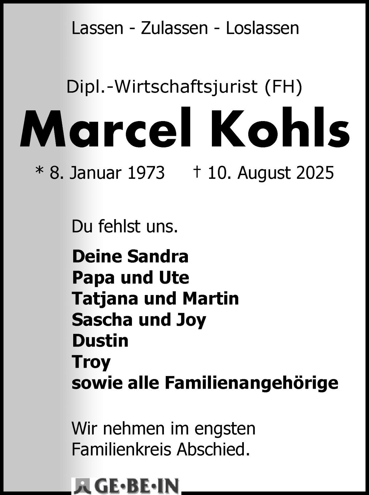Traueranzeige von Marcel Kohls von WESER-KURIER