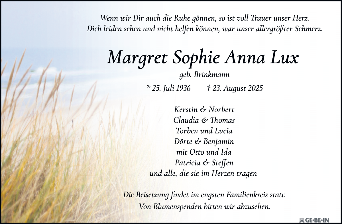 Traueranzeige von Margret Sophie Anna Lux von WESER-KURIER