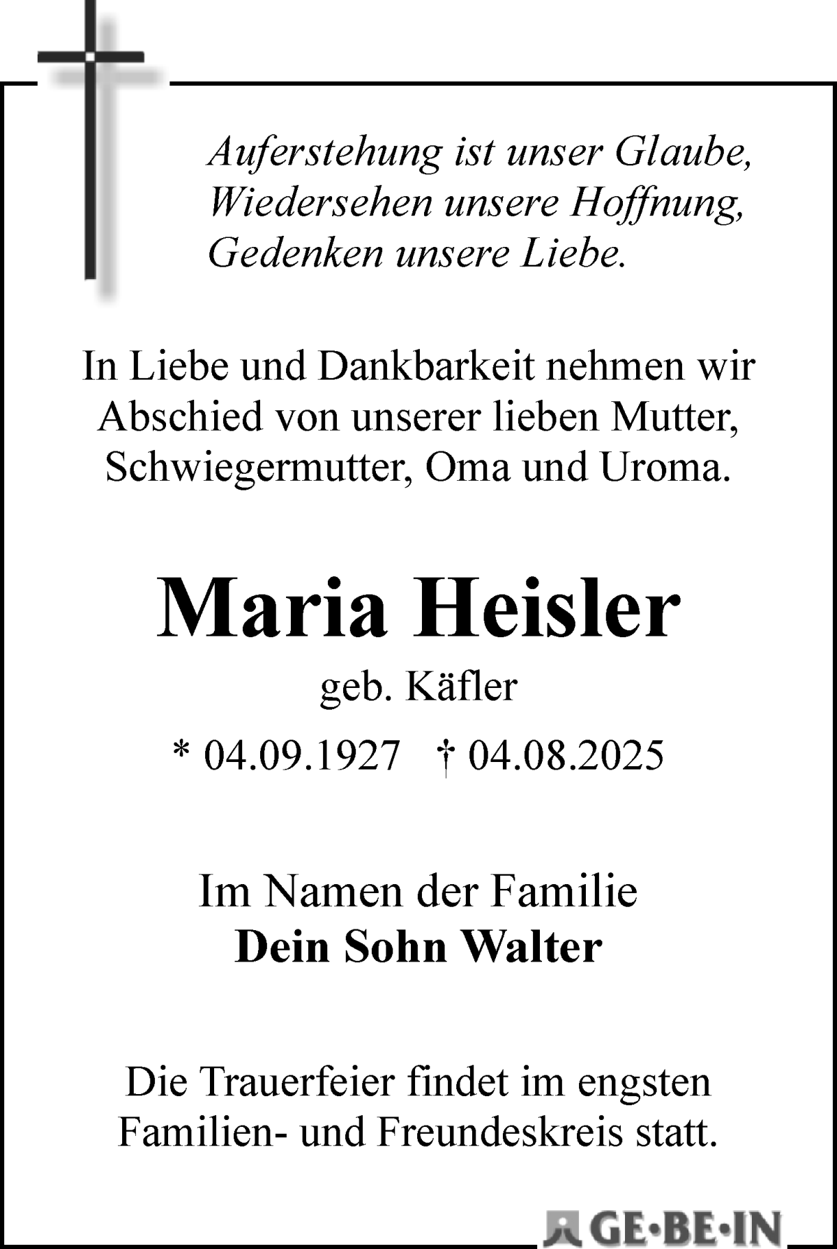 Traueranzeige von Maria Heisler von WESER-KURIER