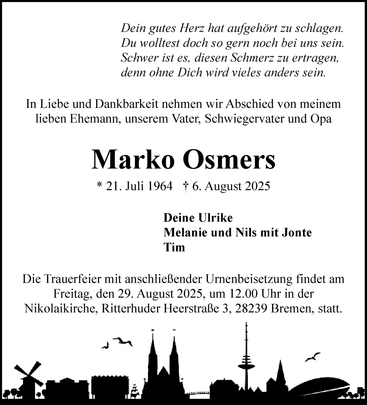 Traueranzeige von Marko Osmers von WESER-KURIER