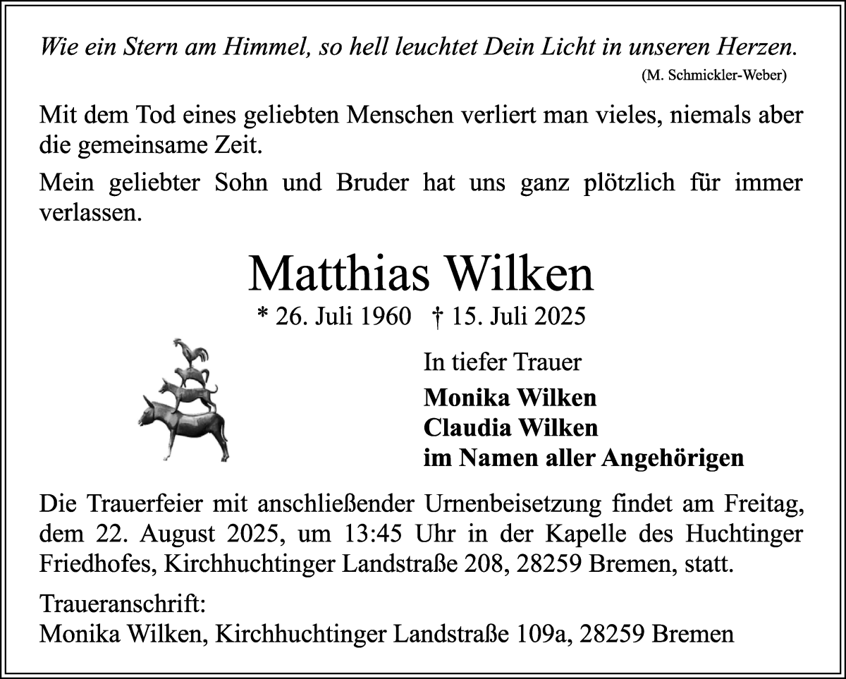 Traueranzeige von Matthias Wilken von WESER-KURIER