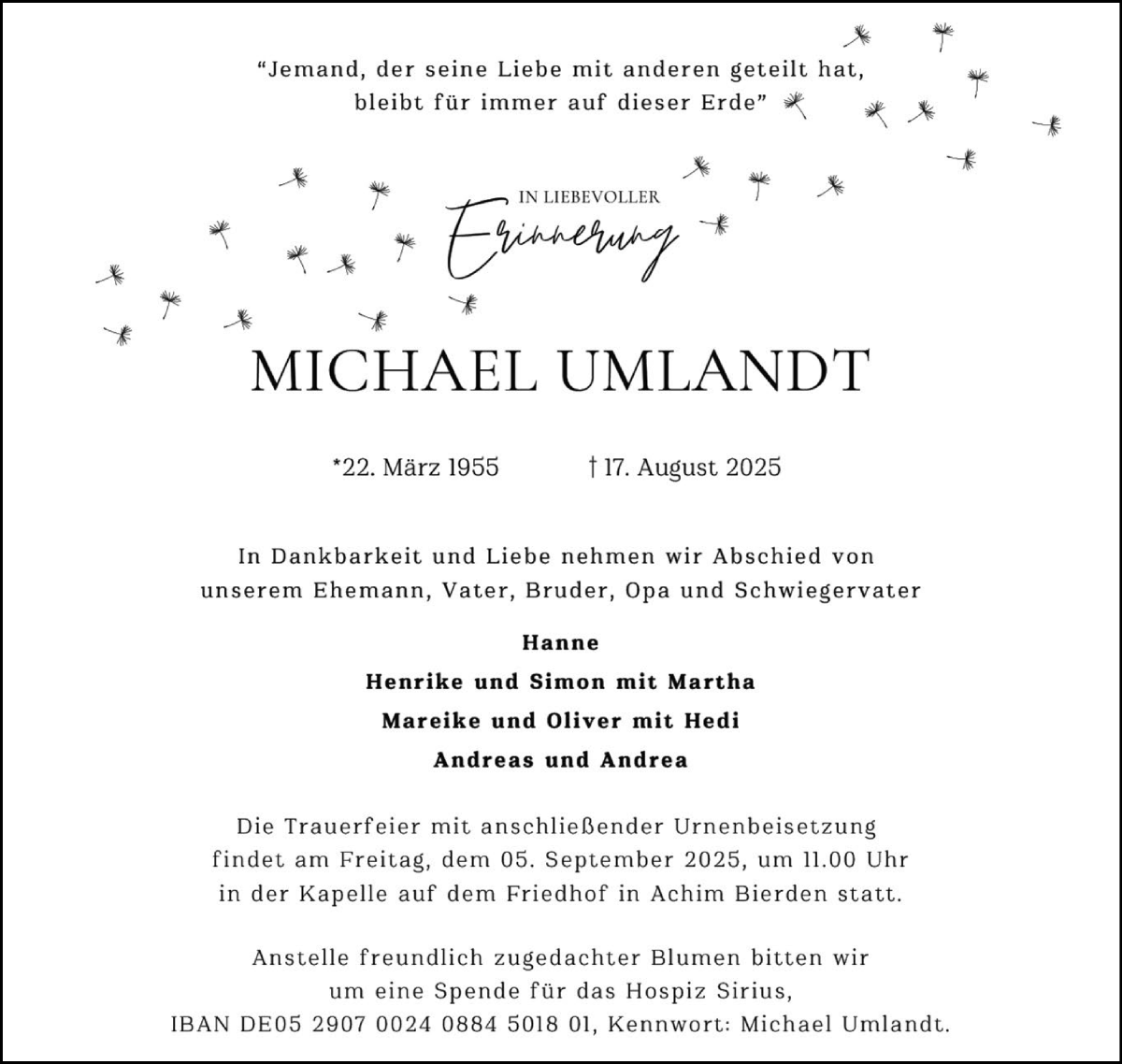 Traueranzeige von Michael Umlandt von Achimer Kurier/Verdener Nachrichten