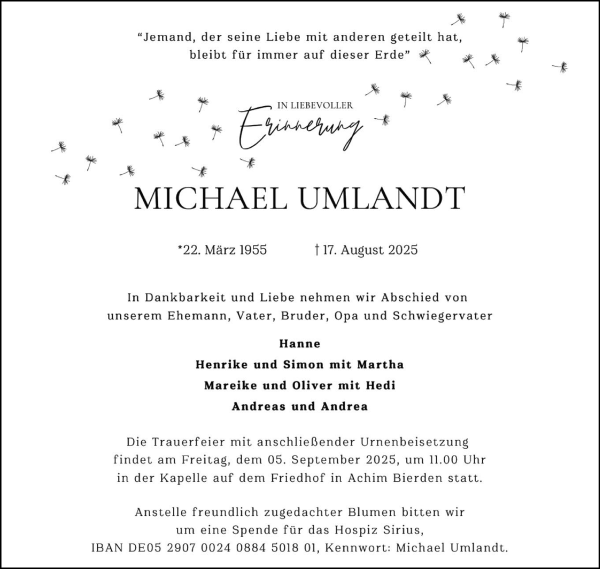 Traueranzeige von Michael Umlandt von Achimer Kurier/Verdener Nachrichten